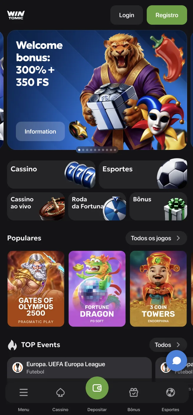 Wintomic on mobile with the 300% + 350 FS welcome bonus banner and popular games